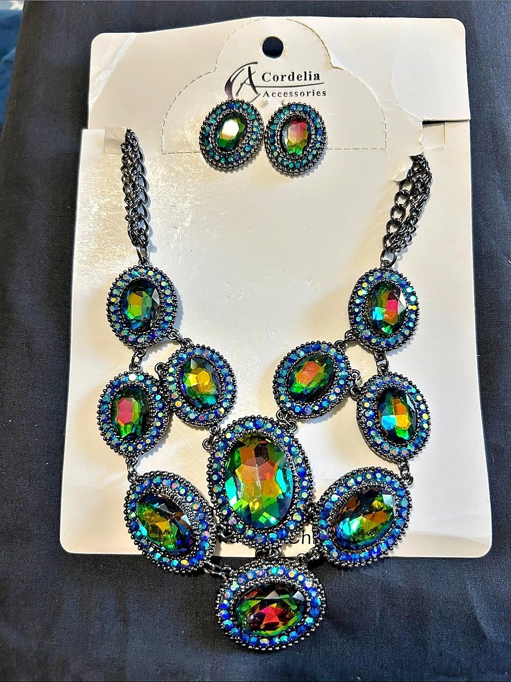 Cordelia Accessories Statement Necklace & Earrings in Iridescent  & Blue NWT
